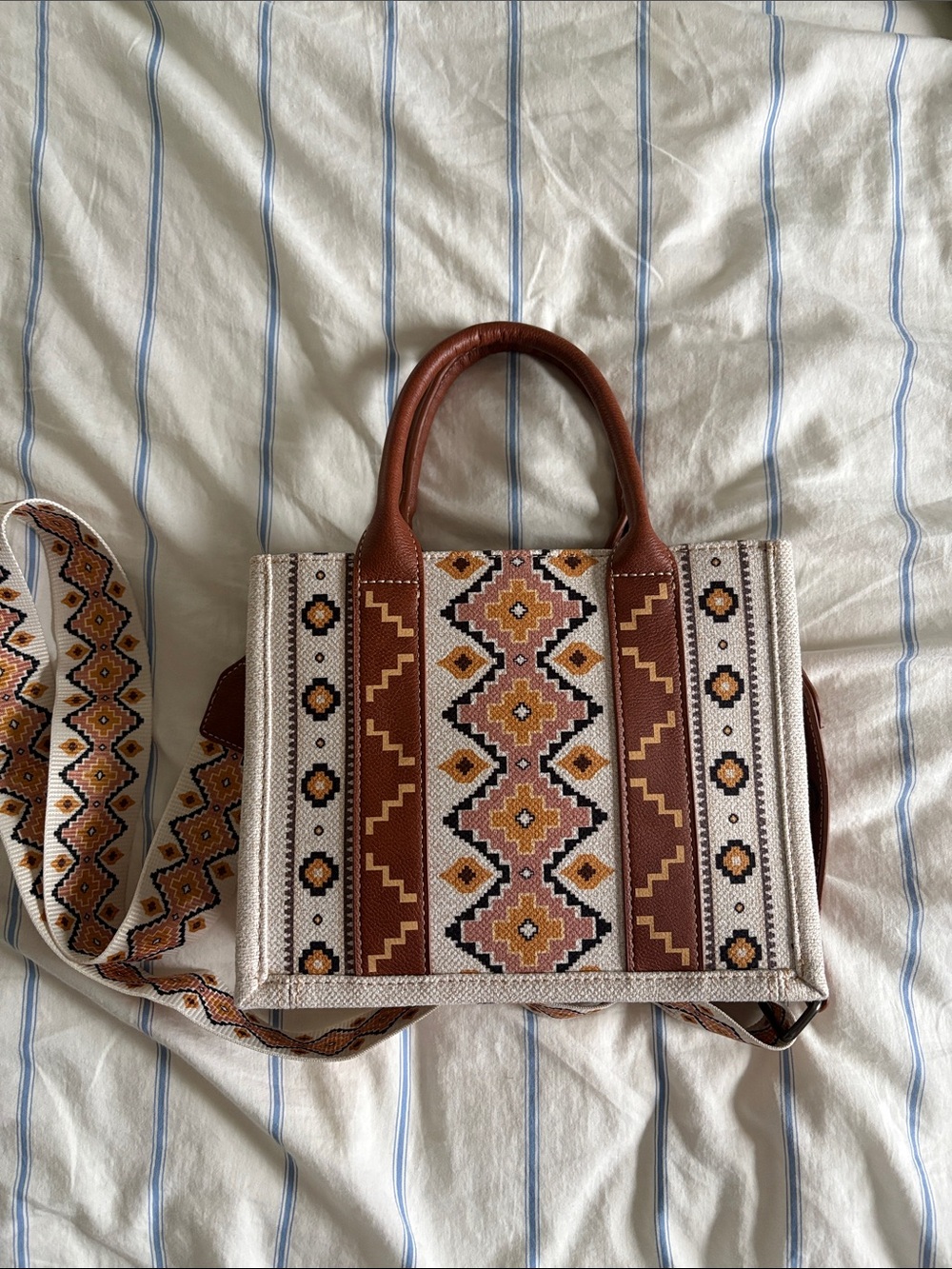Wrangler Beige, Brown & Pink Embroidered Tote with Patterned Strap - Picture 2 of 3